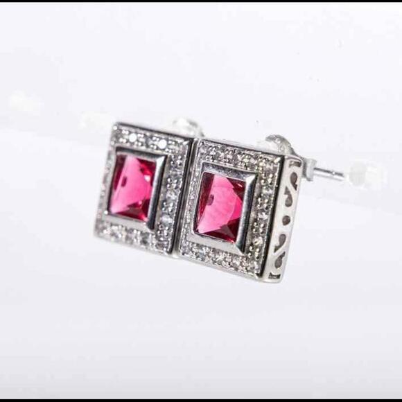 925 Sterling Silver Quality Simulated Rubies And CZ Stud Earrings - Picture 3 of 6